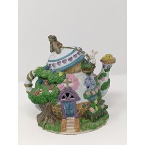 Easter Porcelain Light‎ Up Teapot Bunny Rabbits House , no cord ~ 6 1/2" Tall